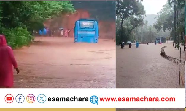 ಕುಮಟಾದಲ್ಲಿ ಹೆದ್ದಾರಿಯಲ್ಲಿ ನೆರೆಗೆ ಸಿಲುಕಿದ ವಾಹನಗಳು.