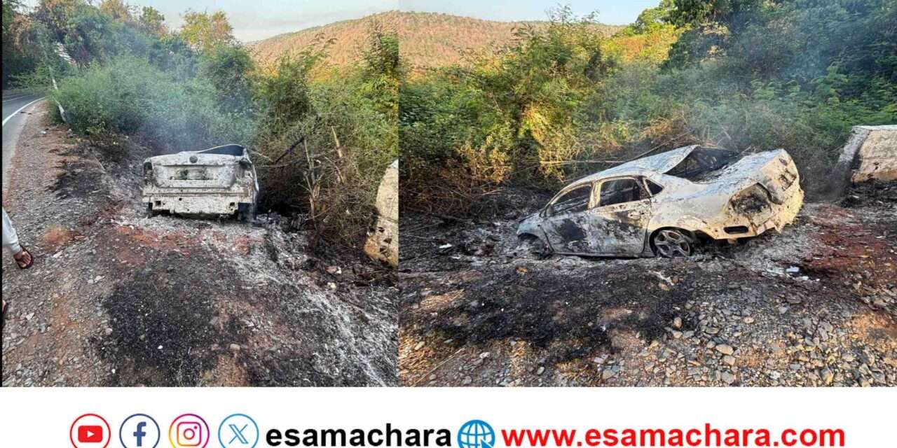 Car Fire/ ರಾಷ್ಟ್ರೀಯ ಹೆದ್ದಾರಿಯಲ್ಲಿ ಸುಟ್ಟು ಕರಕಲಾದ ಕಾರು. ಚಾಲಕ ದಹನ. ಸುಳಿಮುರ್ಕಿಯಲ್ಲಾದಂತೆ ಕಂಡು ಬರುತ್ತಿರುವ ದೃಶ್ಯ. ಪೊಲೀಸರಿಂದ ತನಿಖೆ.