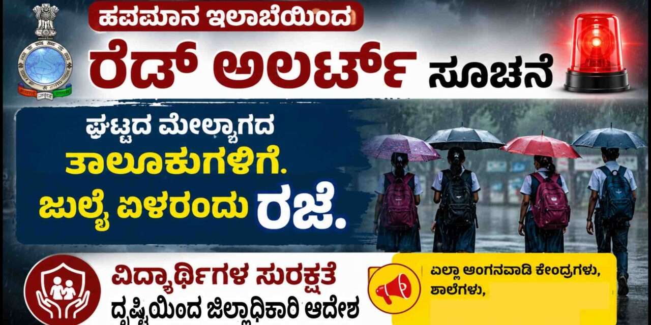 School Holiday/ ರೆಡ್ ಅಲರ್ಟ್ ಹಿನ್ನಲೆ. ನಾಳೆಗೆ  ಶಾಲೆಗಳಿಗೆ ರಜೆ