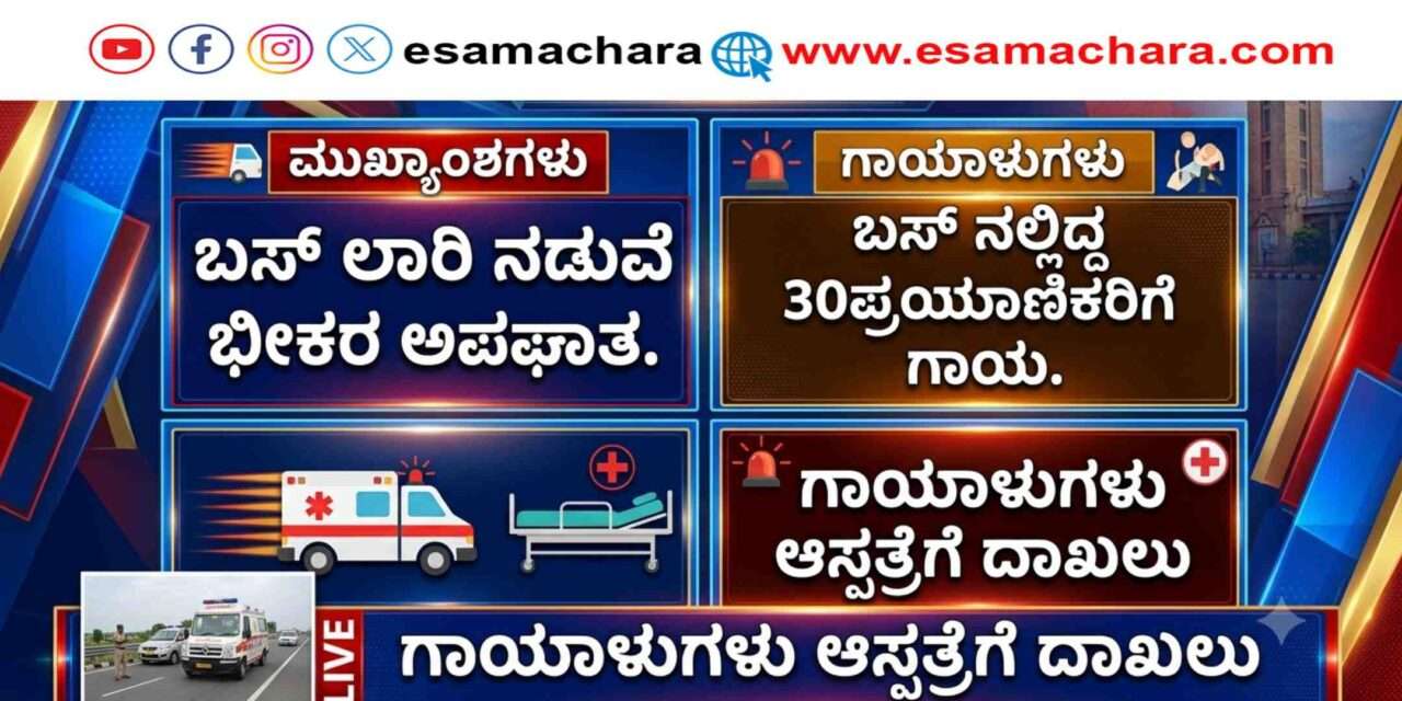 Accident/  ಬಸ್ ಮತ್ತು‌ ಲಾರಿ ನಡುವೆ ಮುಖಾಮುಖಿ ಡಿಕ್ಕಿ: 30ಕ್ಕೂ ಹೆಚ್ಚು ಪ್ರಯಾಣಿಕರಿಗೆ ಗಾಯ